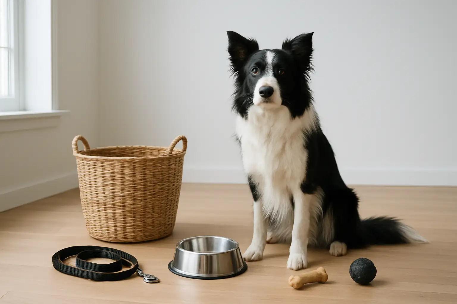 Border collie dans un intérieur avec accessoires de base pour chien