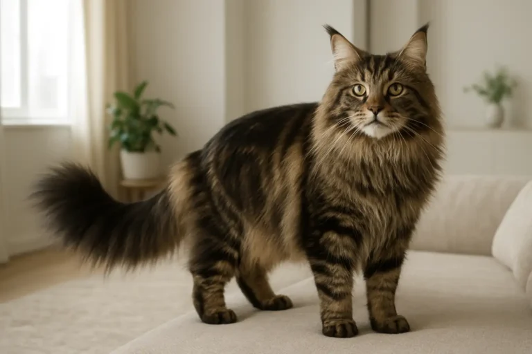 Chat Maine Coon adulte dans un intérieur lumineux, illustrant le prix du chat Maine Coon et son allure de grand chat à poil long