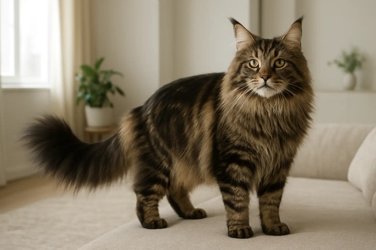 Chat Maine Coon adulte dans un intérieur lumineux, illustrant le prix du chat Maine Coon et son allure de grand chat à poil long