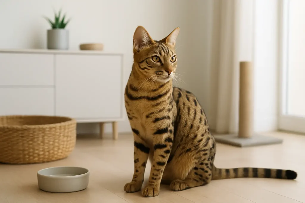 Chat Savannah dans un intérieur moderne, illustrant le prix d’un chat Savannah et son adoption