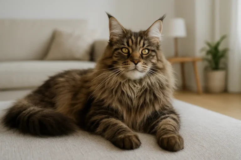 Chat Maine Coon adulte dans un intérieur lumineux, illustrant le budget et l’entretien d’un chat de grande taille