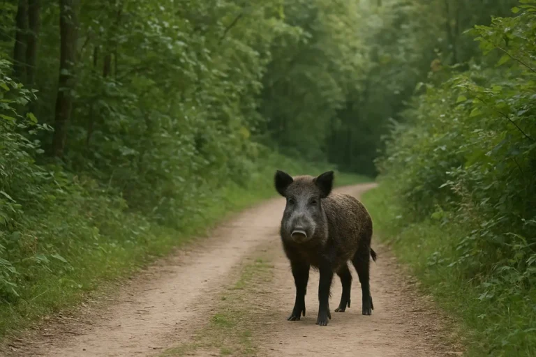 Sanglier solitaire en lisière de forêt, illustrant les risques de rencontre avec un sanglier