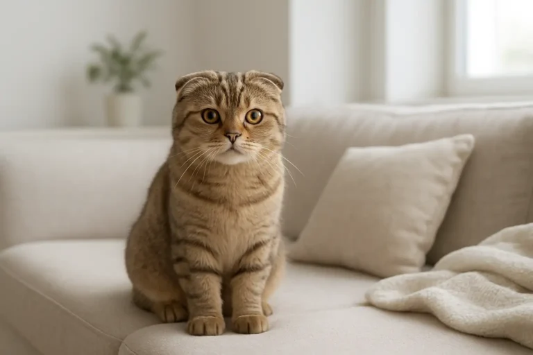 Chat Scottish Fold assis sur un canapé dans un intérieur lumineux