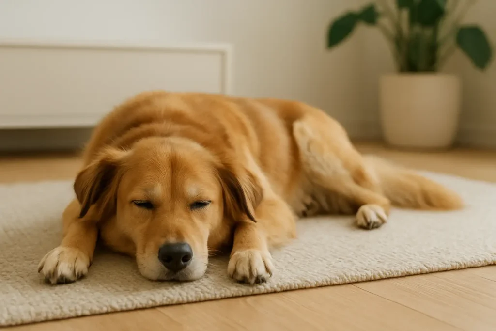 Chien détendu allongé dans un intérieur calme, illustrant le shiatsu chien et le bien-être animal