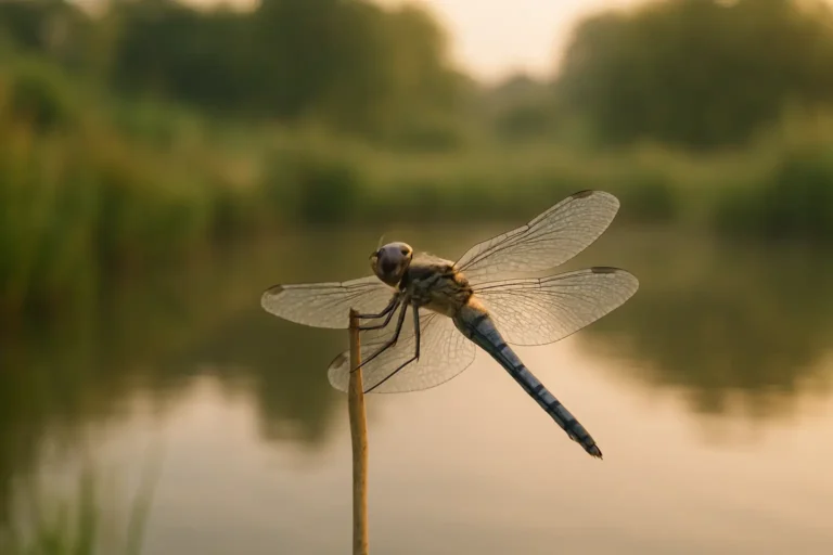 Libellule posée sur une tige au bord de l’eau dans un décor naturel