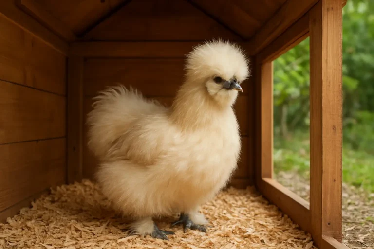 Poule soie au plumage duveteux dans un poulailler propre