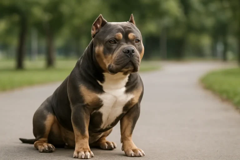 Chien XXL bully de grande taille assis calmement en extérieur