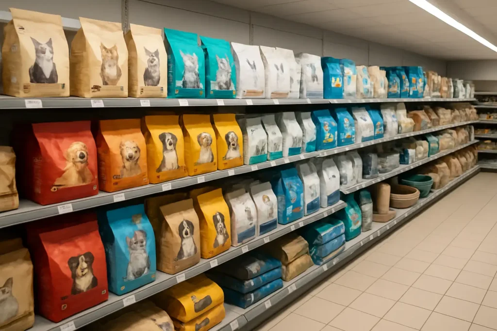 Rayon de produits pour animaux dans un magasin U, avec croquettes, litière et accessoires