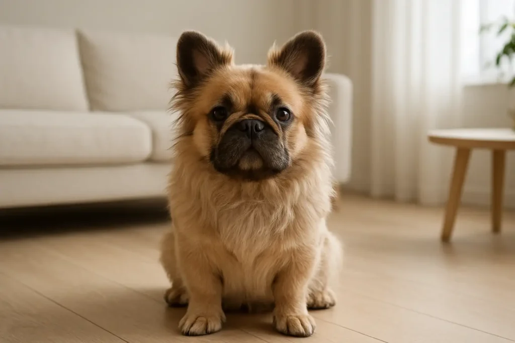 Bouledogue français à poils longs assis dans un intérieur lumineux