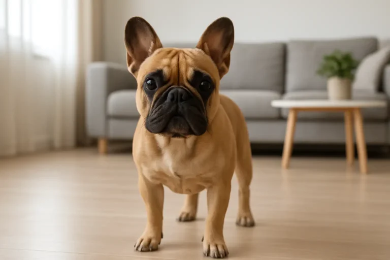 Petit bouledogue français dans un salon lumineux et moderne
