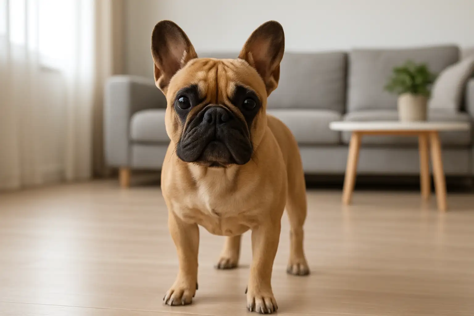 Petit bouledogue français dans un salon lumineux et moderne