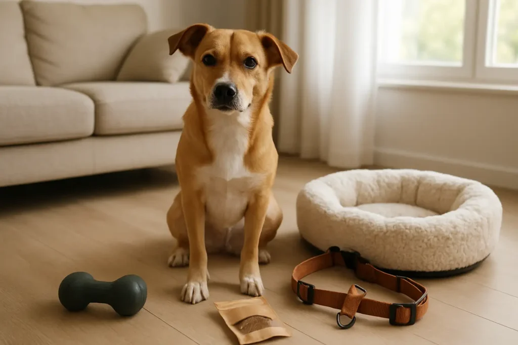Chien près d’un jouet, de friandises et d’un panier confortable, idée de cadeau pour chien