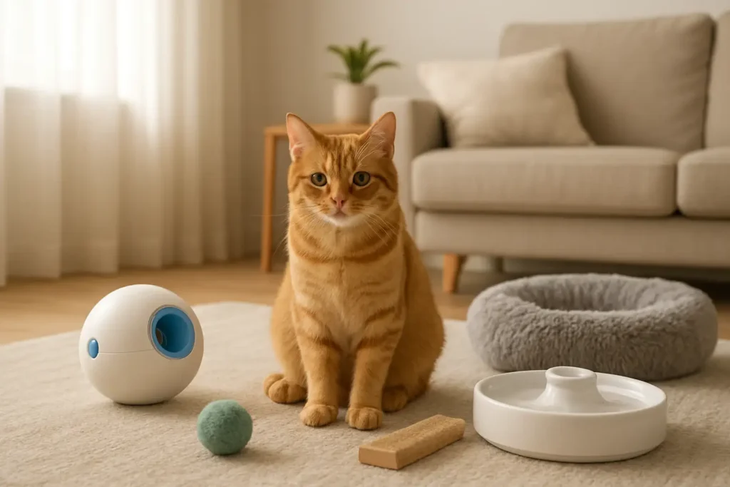 Chat domestique entouré de cadeaux utiles comme un jouet, un griffoir, un couchage et une fontaine à eau