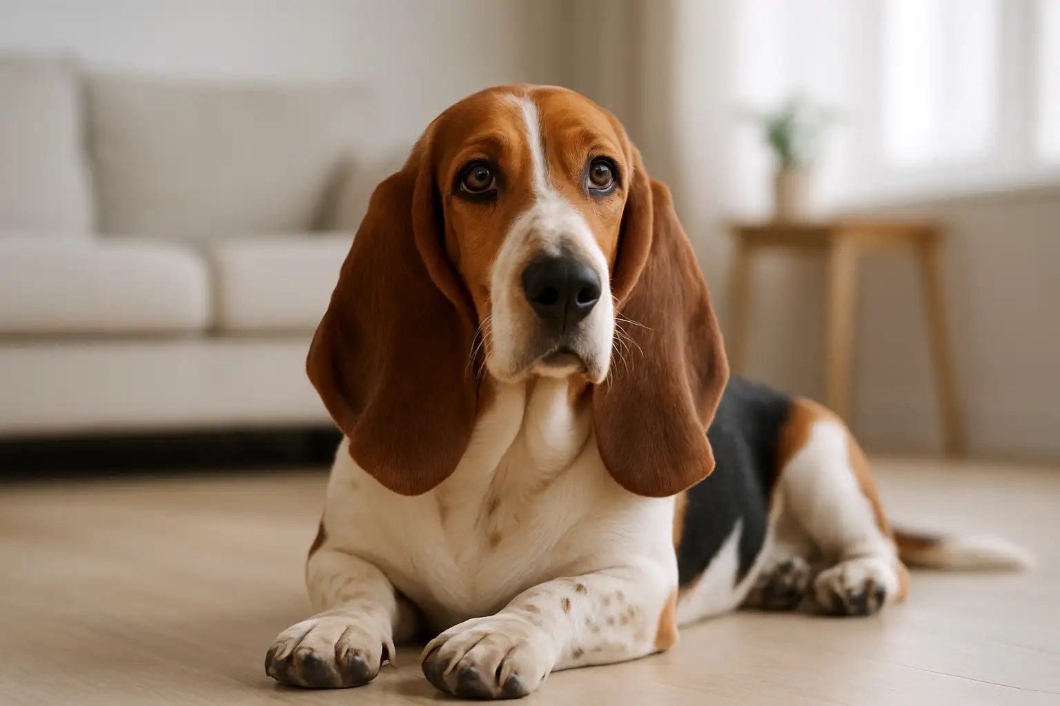 Un chien à longues oreilles avec des oreilles tombantes dans un intérieur lumineux