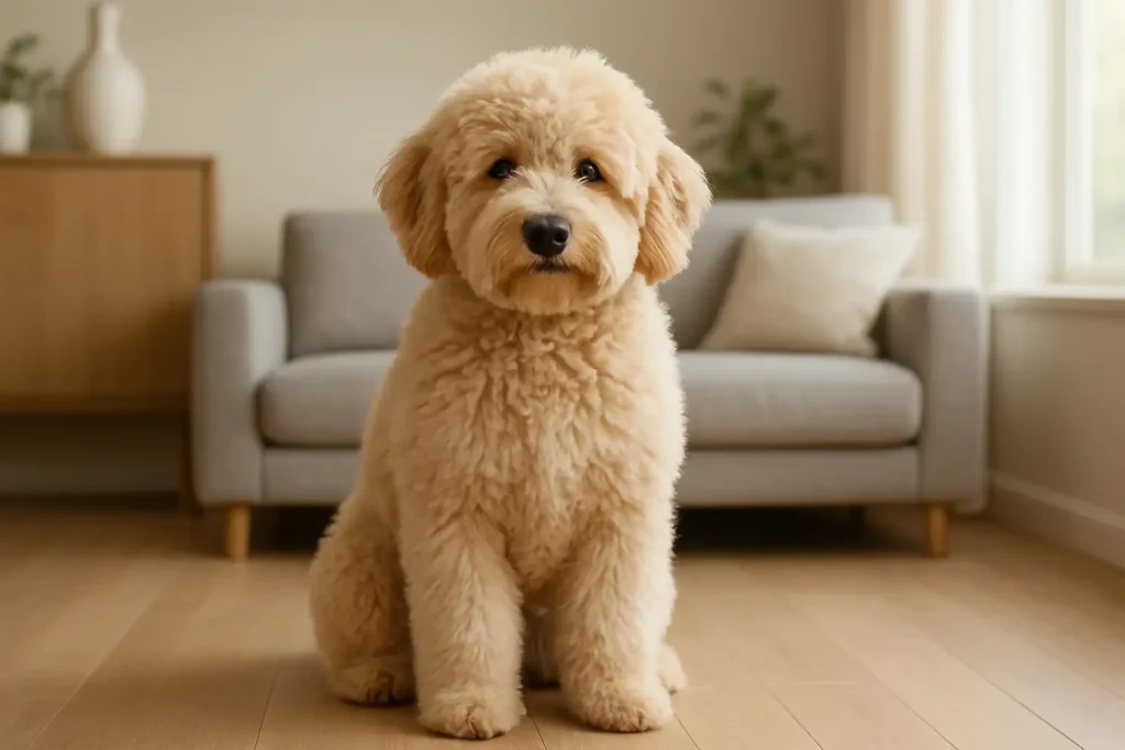 Chien nounours au pelage dense et soyeux, photographié dans un intérieur lumineux