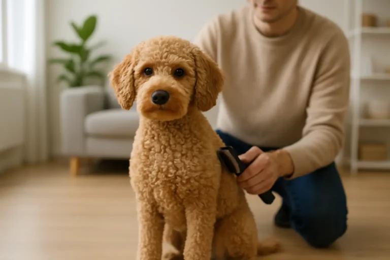 Chien à pelage bouclé et soigné, brossé dans un intérieur lumineux, illustrant une race à faible mue