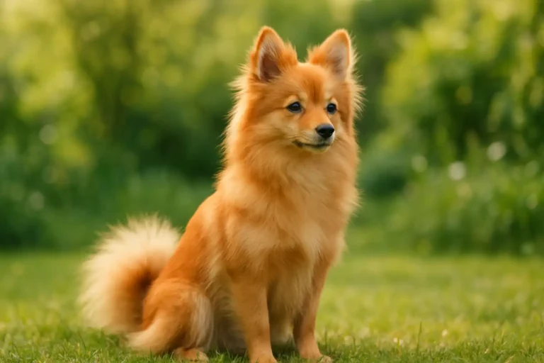 Chien au pelage roux ressemblant à un renard, avec oreilles pointues et queue touffue