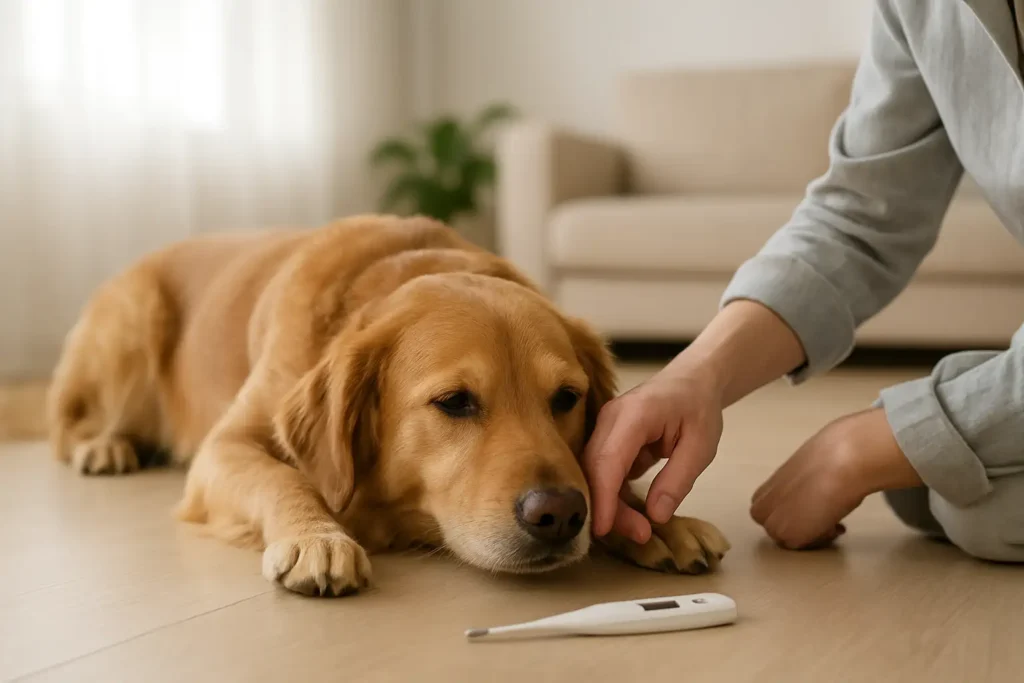 Chien allongé avec truffe observée de près dans un contexte de surveillance de santé
