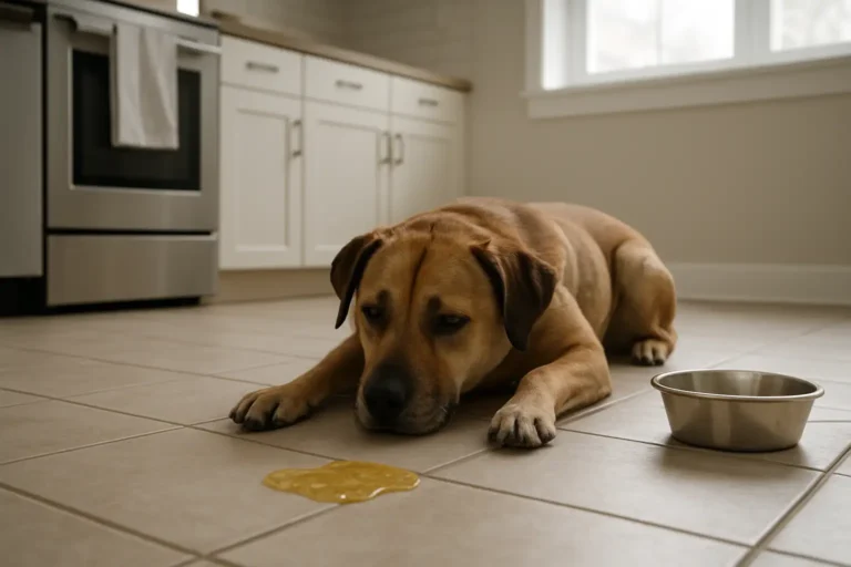 Chien près d’une gamelle avec un vomi jaune au sol