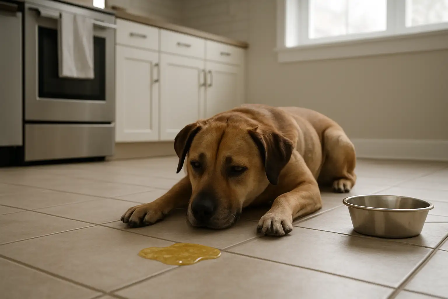 Chien près d’une gamelle avec un vomi jaune au sol