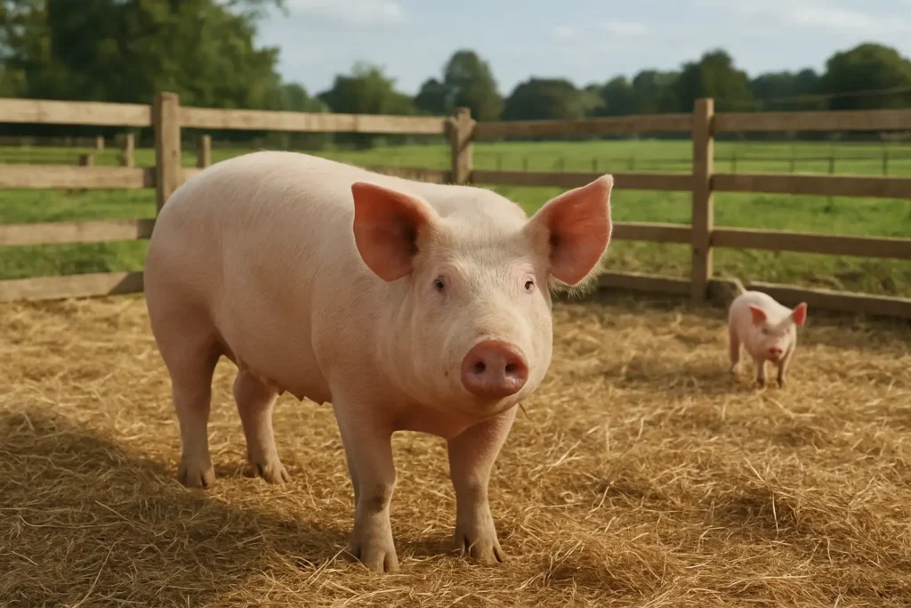 Cochon domestique dans un enclos propre avec de la paille