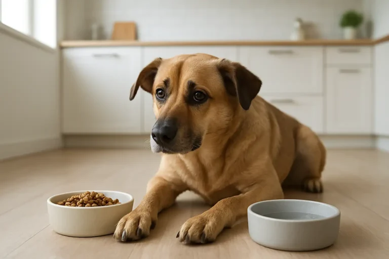 Chien devant sa gamelle sans manger, avec un bol d’eau à proximité