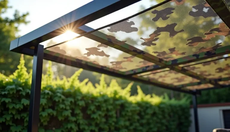 Filet de camouflage installé sur une pergola laissant filtrer la lumière du soleil
