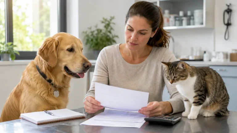 Propriétaire avec son chien et son chat consultant des documents liés aux frais vétérinaires