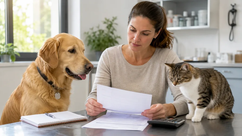Propriétaire avec son chien et son chat consultant des documents liés aux frais vétérinaires