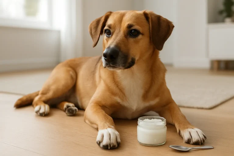 Chien avec un pot d’huile de coco pour soin des coussinets et du pelage