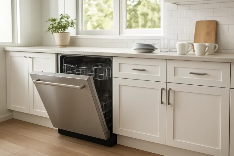 Lave-vaisselle Thomson dans une cuisine moderne, avec porte ouverte et vaisselle prête à être rangée.