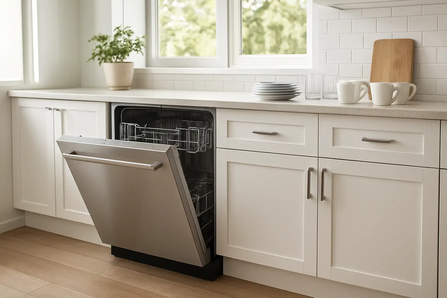 Lave-vaisselle Thomson dans une cuisine moderne, avec porte ouverte et vaisselle prête à être rangée.