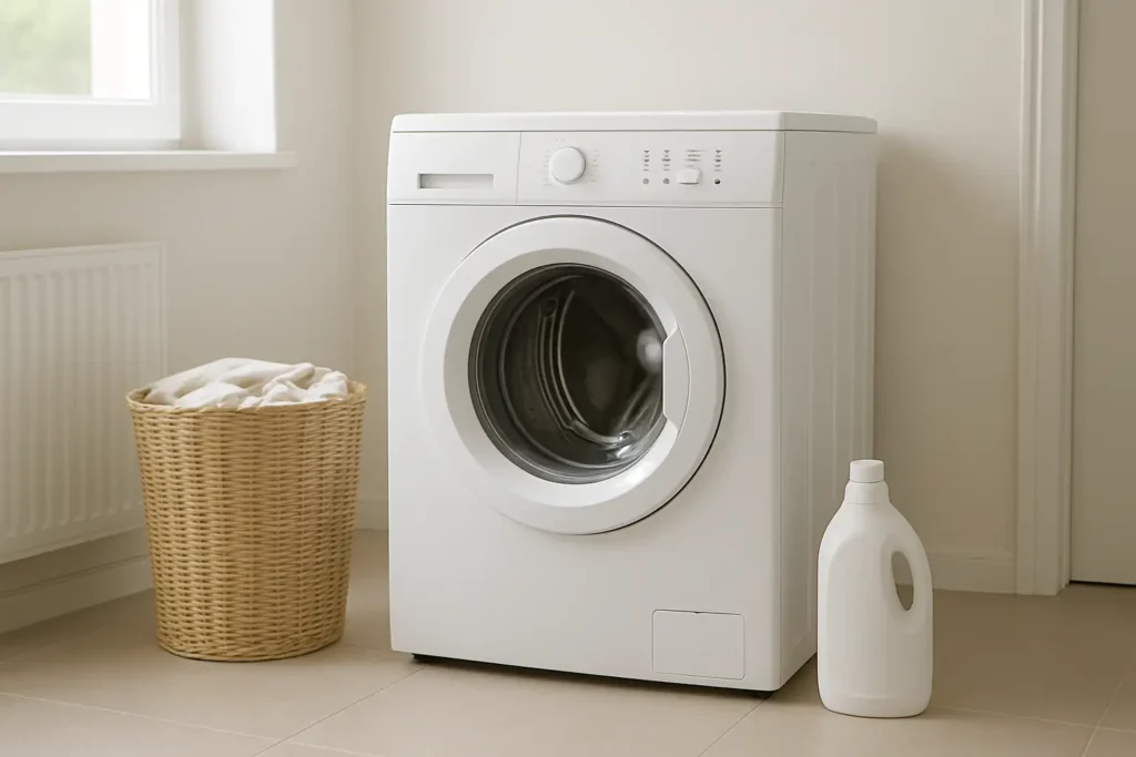 Lave-linge hublot blanc moderne dans une buanderie neutre avec panier à linge et lessive.