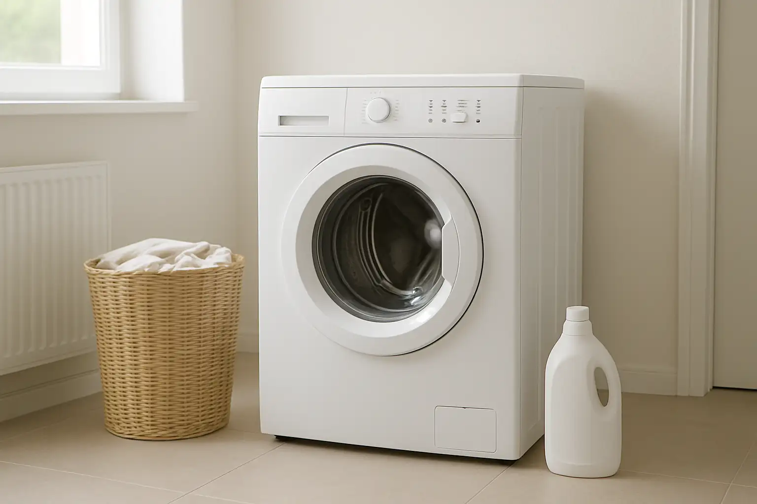 Lave-linge hublot blanc moderne dans une buanderie neutre avec panier à linge et lessive.