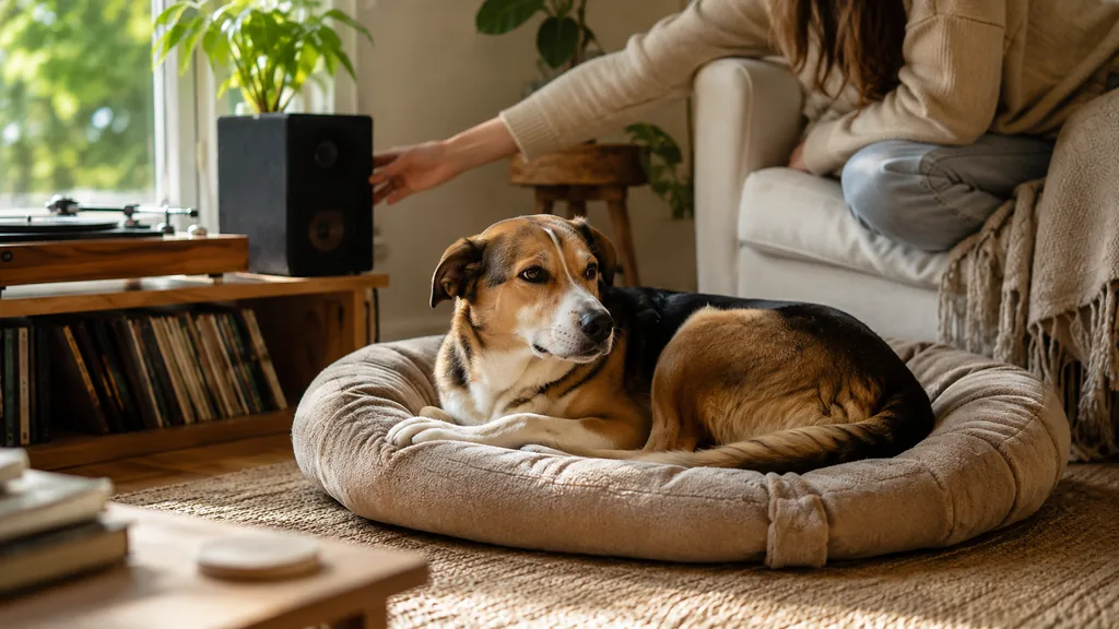 Chien allongé dans son panier pendant qu’une personne lance de la musique dans le salon