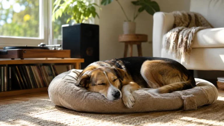 Chien détendu couché sur son panier dans un salon lumineux avec de la musique en fond