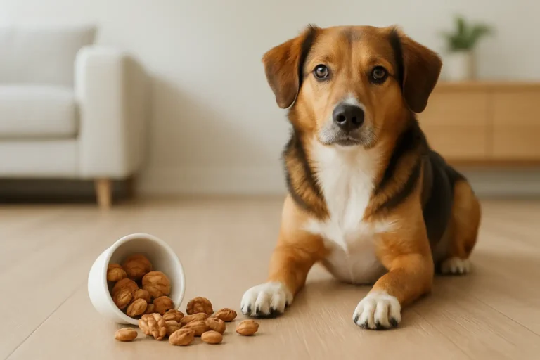 Chien près de noix renversées au sol, illustrant le danger des noix pour chien