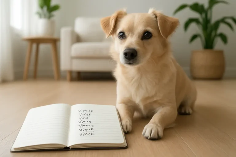 Chien de compagnie avec un carnet de prénoms anglais en V pour aider à choisir un nom.