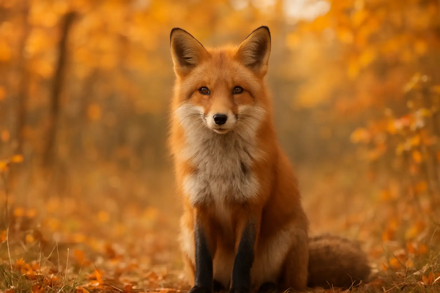 Renard roux assis dans un décor naturel automnal
