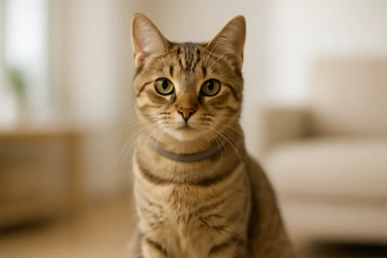 Une chatte assise dans un intérieur lumineux, prête à recevoir un prénom.