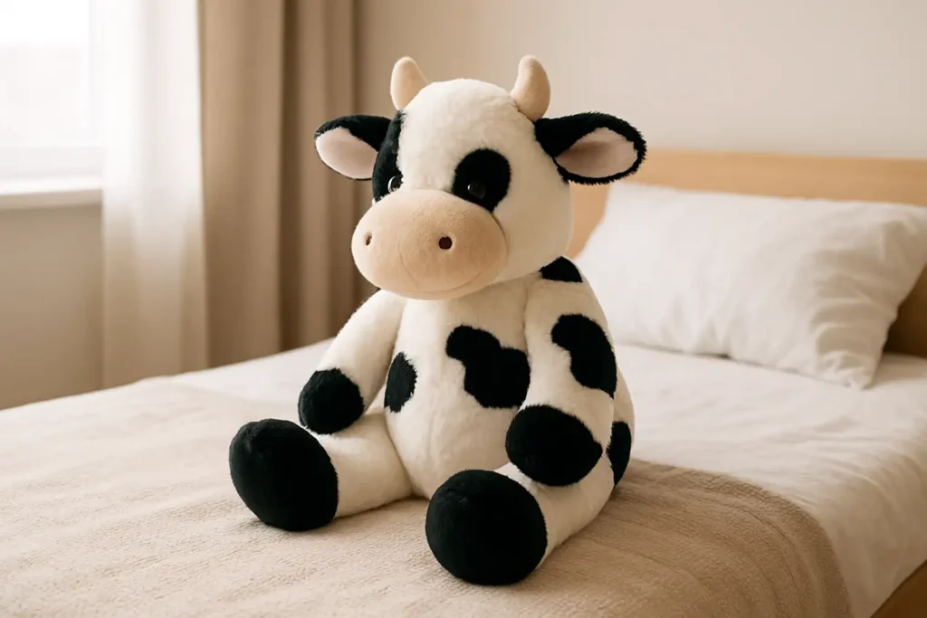 Peluche vache posée sur un lit d’enfant dans une chambre lumineuse