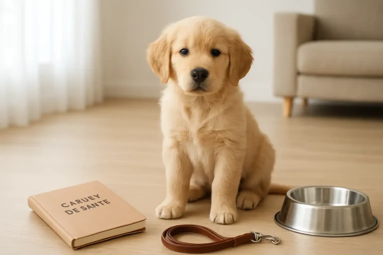 Chiot Golden Retriever dans un intérieur lumineux avec carnet de santé et accessoires de départ