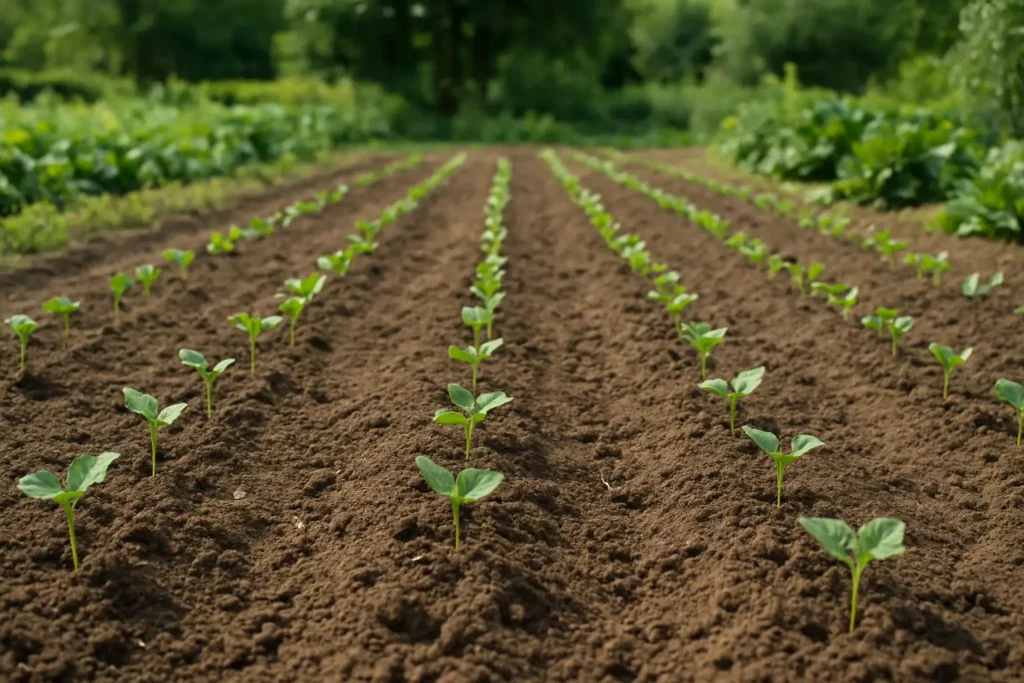 Rangs de haricots verts fraîchement semés dans un potager français au printemps