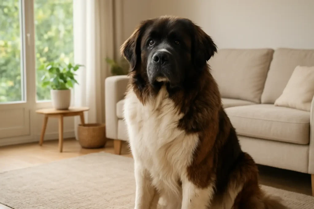 Grand chien de famille au tempérament doux assis calmement dans un environnement lumineux