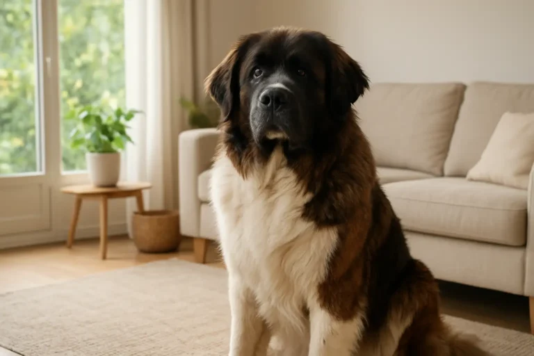 Grand chien de famille au tempérament doux assis calmement dans un environnement lumineux