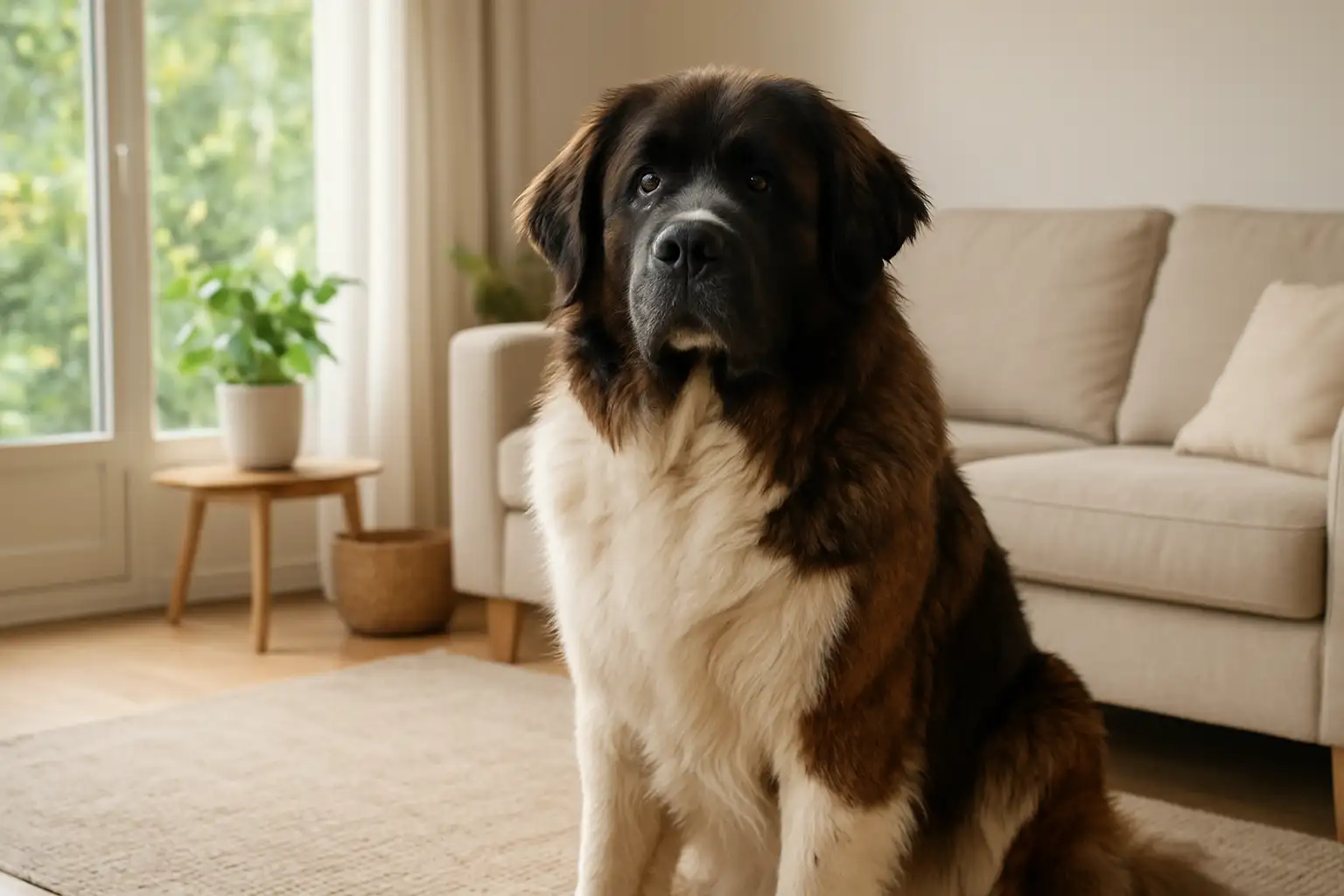 Grand chien de famille au tempérament doux assis calmement dans un environnement lumineux