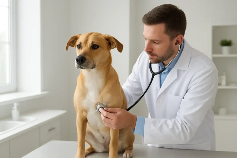 Vétérinaire auscultant le cœur d’un chien en clinique pour détecter un souffle cardiaque