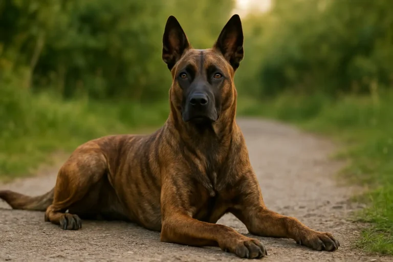 Chien staff croisé malinois au look athlétique, en extérieur, regard attentif