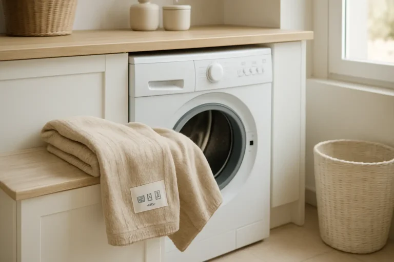 Étiquette textile avec symboles de lavage près d’une machine à laver dans une buanderie moderne