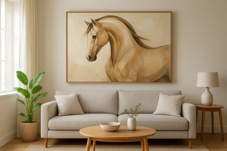 Tableau cheval moderne encadré accroché au mur d’un salon contemporain